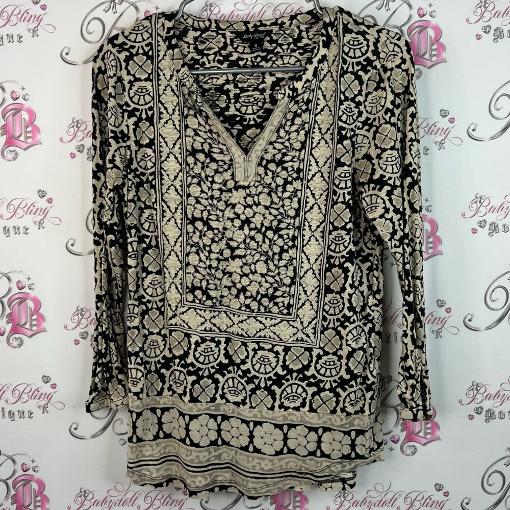 Lucky brand shirt long sleeve paisley boho Elegant Black and Cream Women's Top
